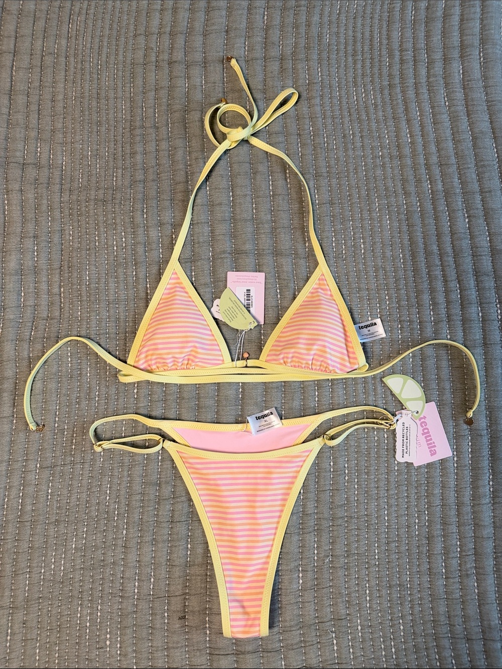 Striped Reversible Two Piece Bikini Set Thong Adjustable Yellow Pink